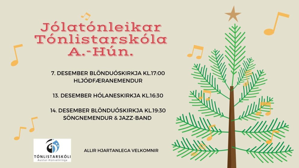 Jólatónleikar Tónlistarskóla A.-Hún. fara fram 13. desember kl.16:30 í Hólaneskirkju