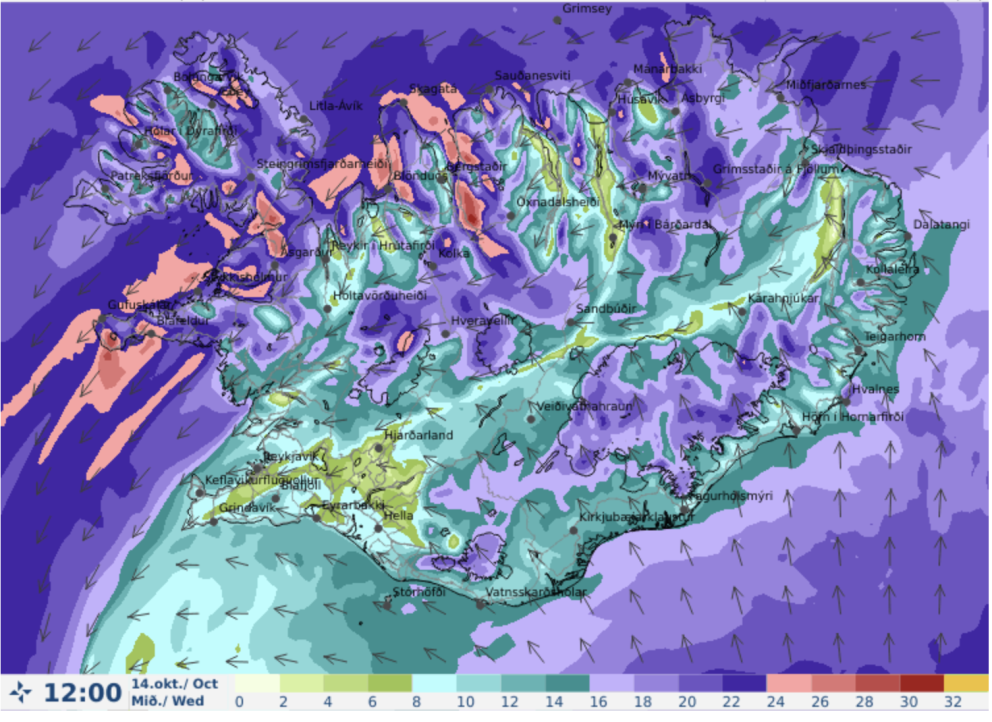 Veðurspá kl. 12:00 á morgun