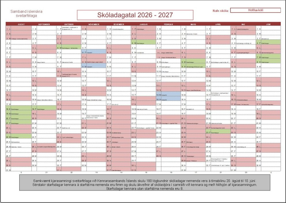 Skóladagatal 2026-2027