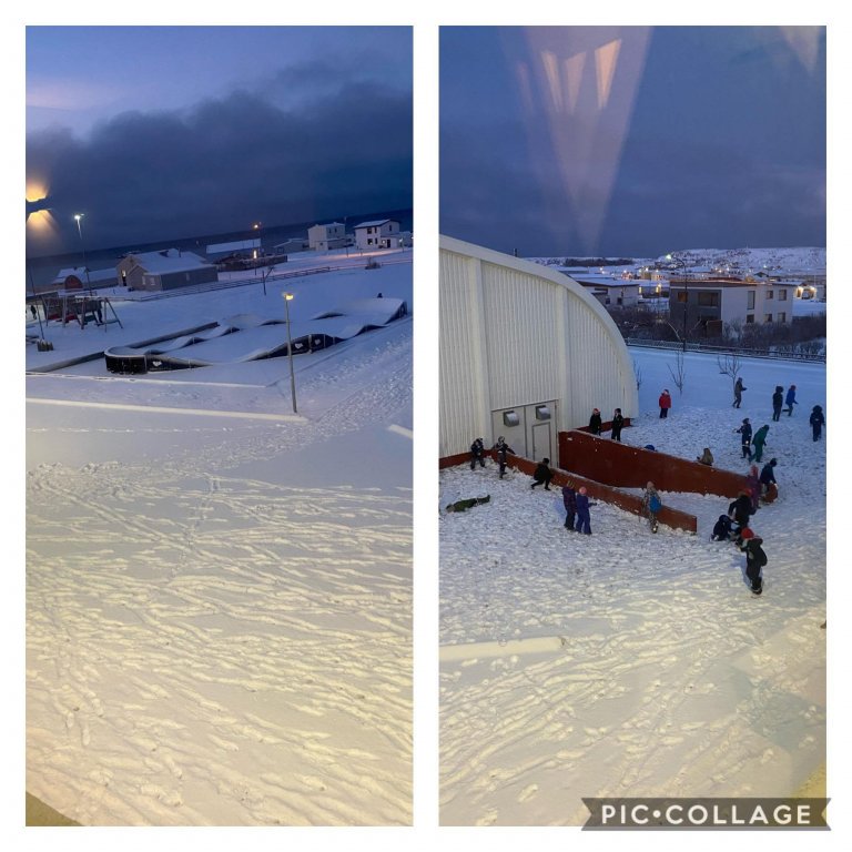 Hér má sjá muninn, skólalóðin nánast mannlaus þeim megin sem ekki á að kasta snjóboltum.
