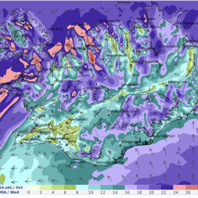 Veðurspá kl. 12:00 á morgun